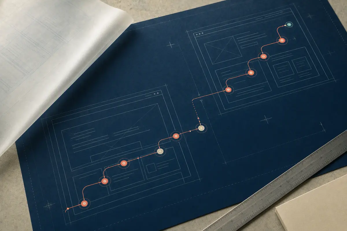 A dark blue drafting sheet with a coral route linking focus stations across two interface frames